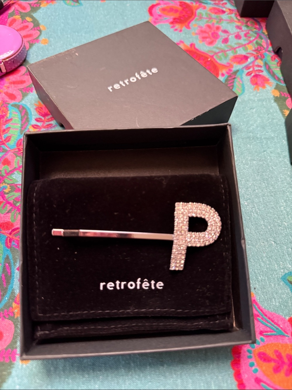Retrofete Crystal 'P' Silver Hairpin